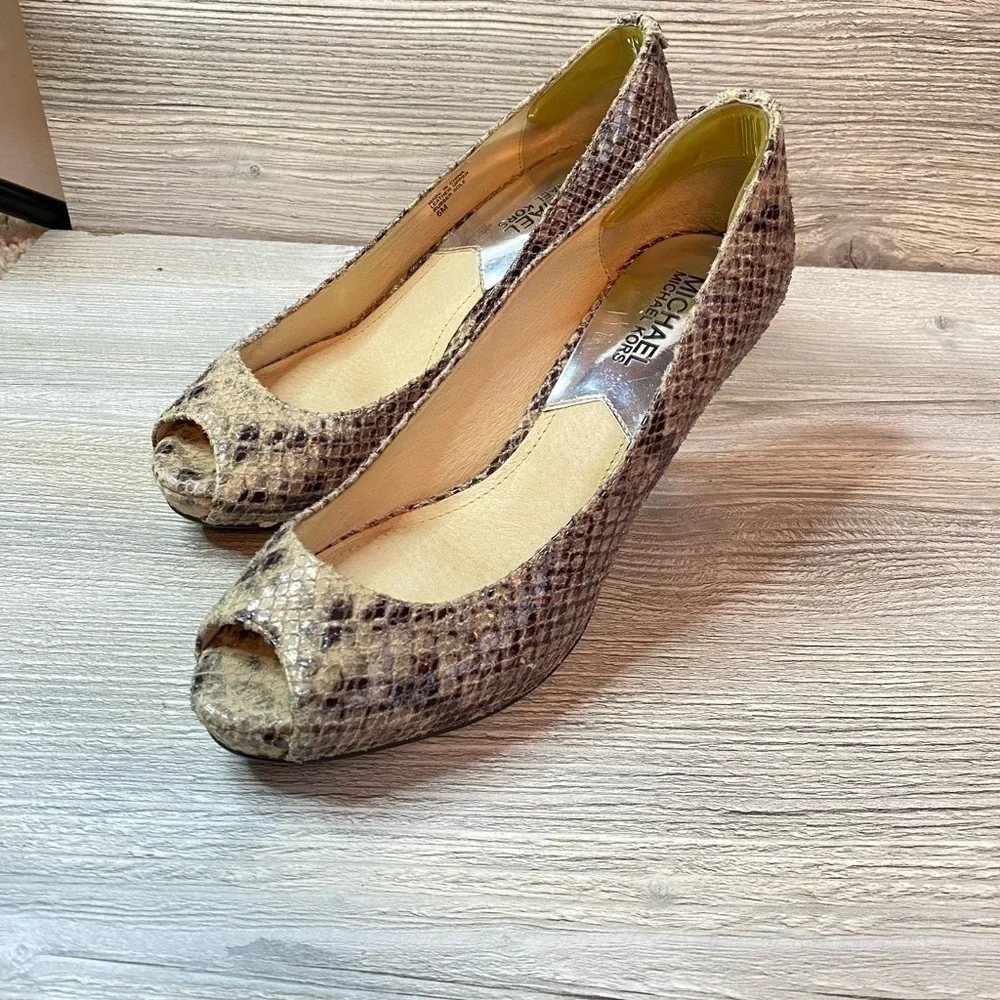 Leather peep toe heels Michael Kors leather snake platform pumps.